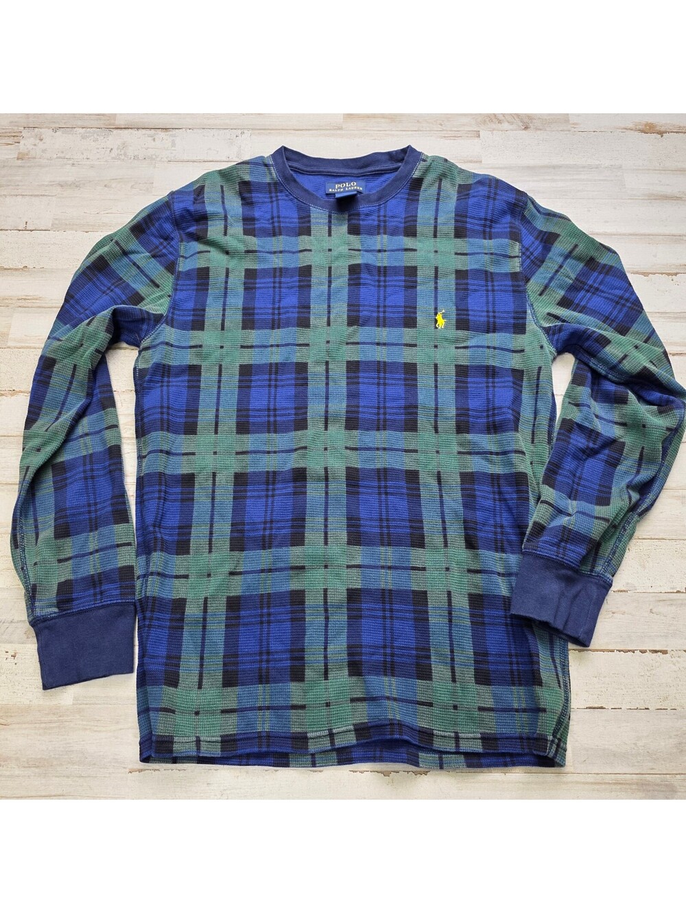 Polo Ralph Lauren Men's L Plaid Thermal Shirt Blue Green Long Sleeve Cotton Pony